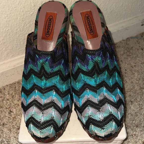 MISSONI Women’s ZigZag Black Blue Purple Fabric Leather Clogs Made in Italy 7.5 - Picture 1 of 16